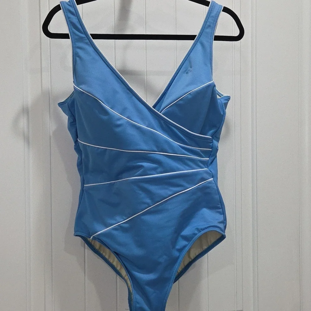 Miraclesuit Horizon One Piece Swimsuit In Blue With White Piping, Size 14